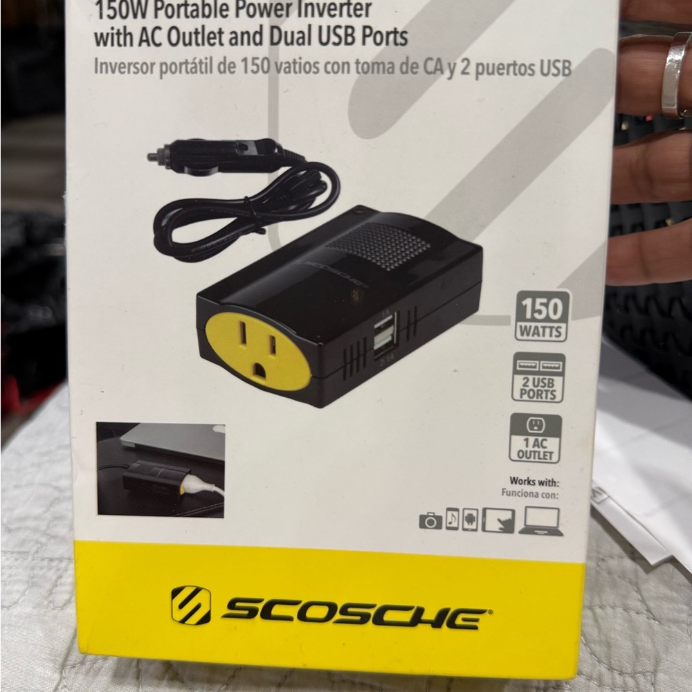 New Scosche 150W Portable Power Inverter with USB Ports and ac outlet box 7